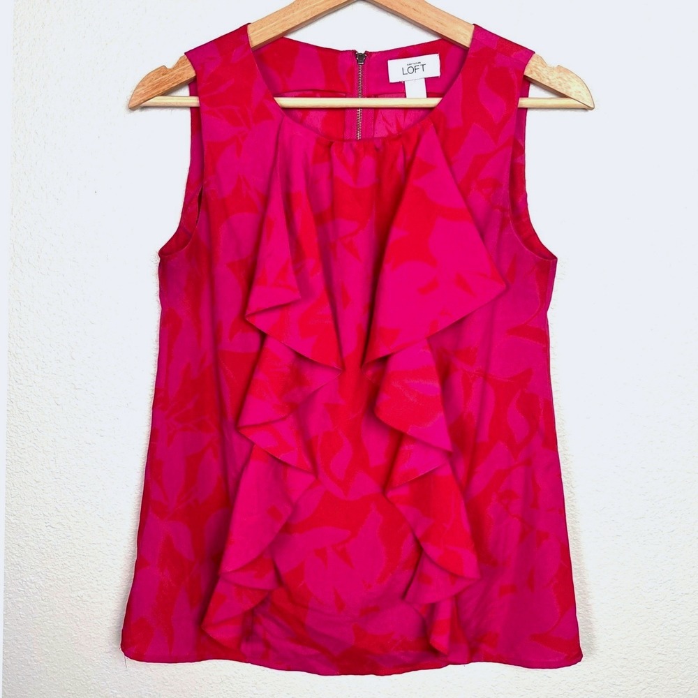 Ann Taylor LOFT Womens XS Pink Red Abstract Floral Ruffle Front Sleeveless Top